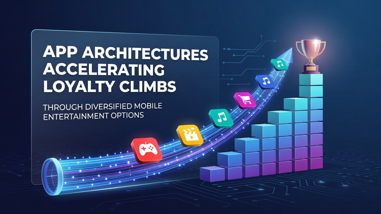 Mobile app architecture diagram showing modular components for diversified entertainment options