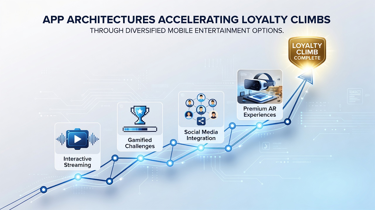 User interface mockup of a mobile entertainment app displaying loyalty progress and varied game categories