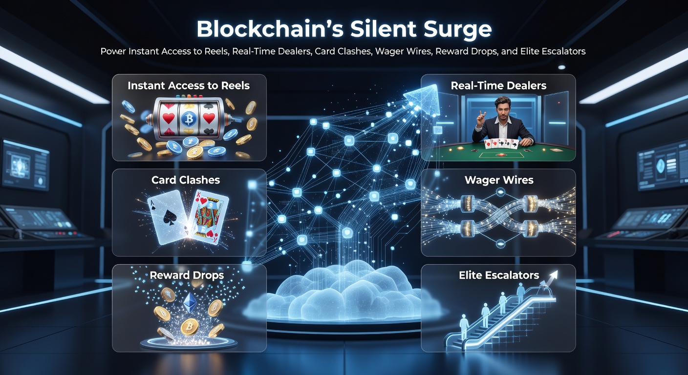 Visual representation of blockchain networks facilitating rapid transactions in online gambling platforms, with glowing digital chains connecting slots, dealers, and betting interfaces