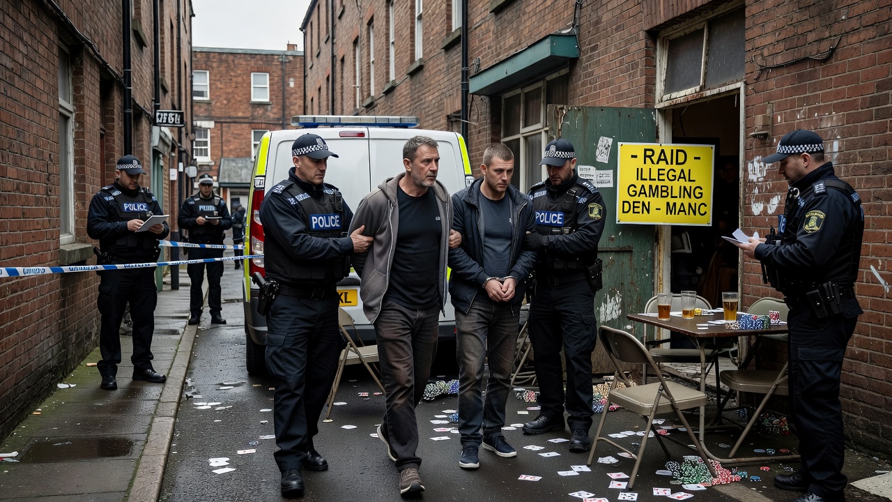 Evidence items including poker tables and gambling chips collected during Manchester raid