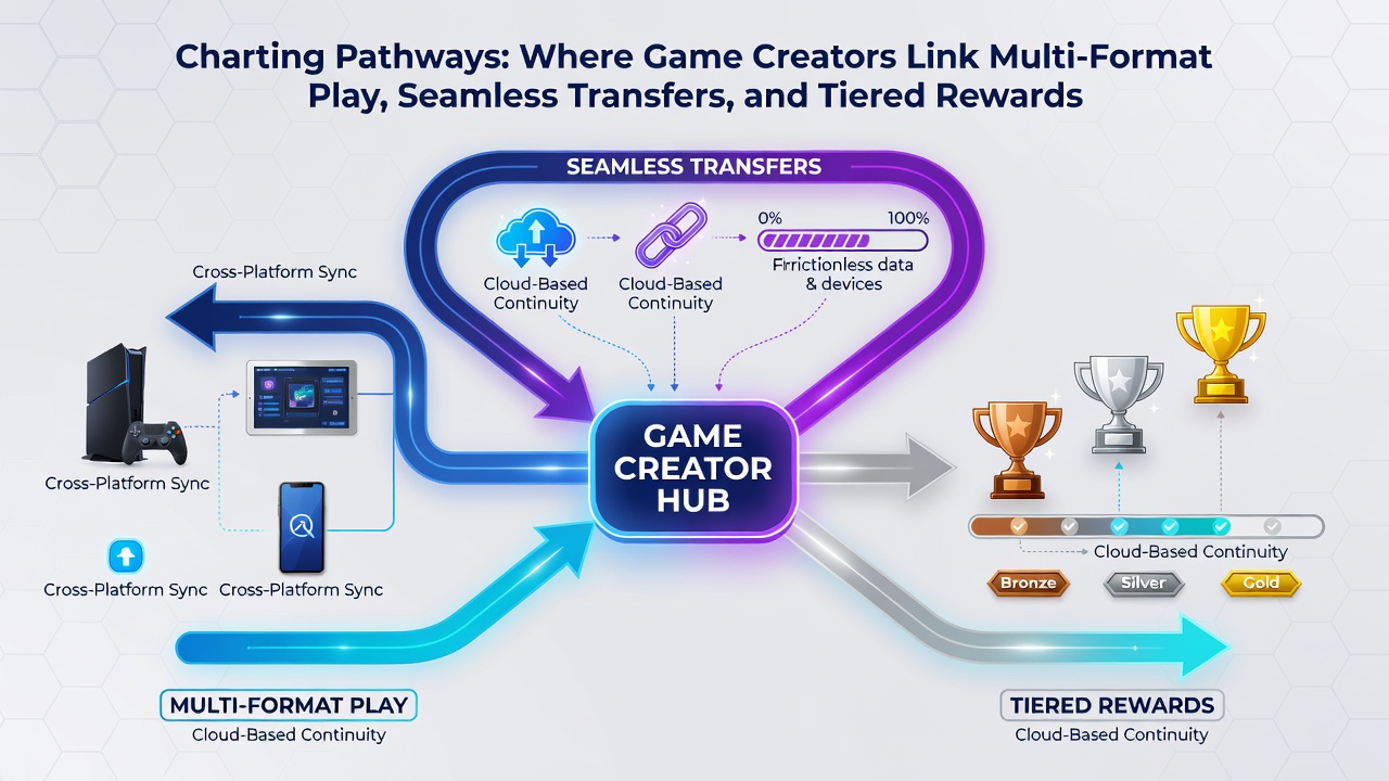 Mobile device displaying integrated casino games with reward tiers and cross-format play options