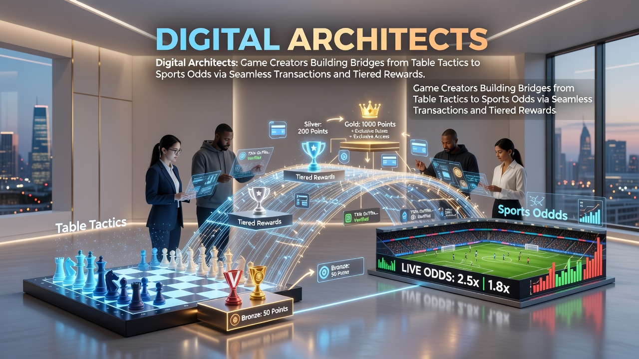 Digital illustration showing game developers linking table game interfaces with sports betting dashboards and reward structures