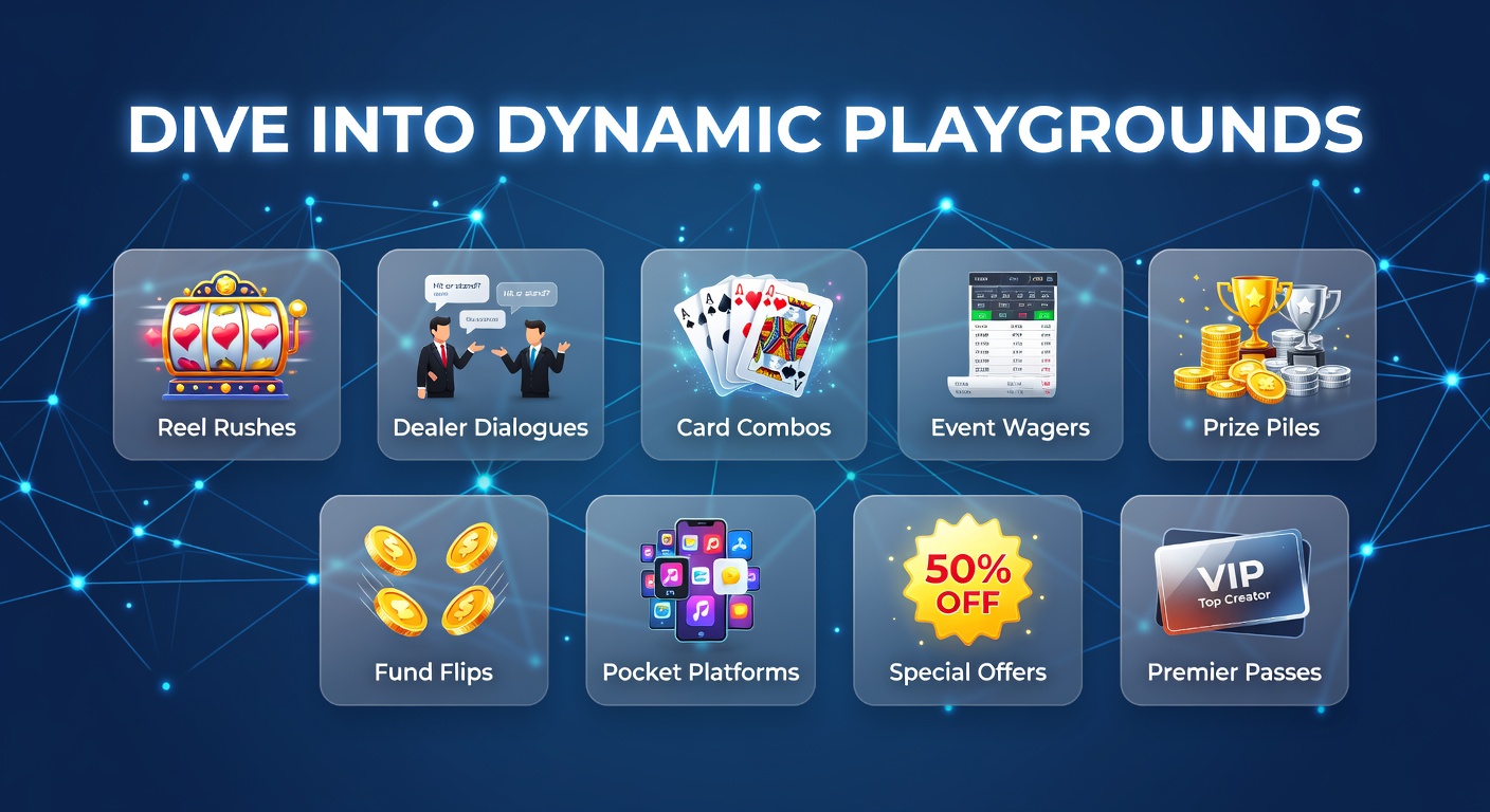 Vibrant online gaming playground with spinning reels, live dealers chatting, card tables in action, sports events betting screens, stacked prizes, mobile interfaces, and exclusive pass icons blending into a dynamic digital arena