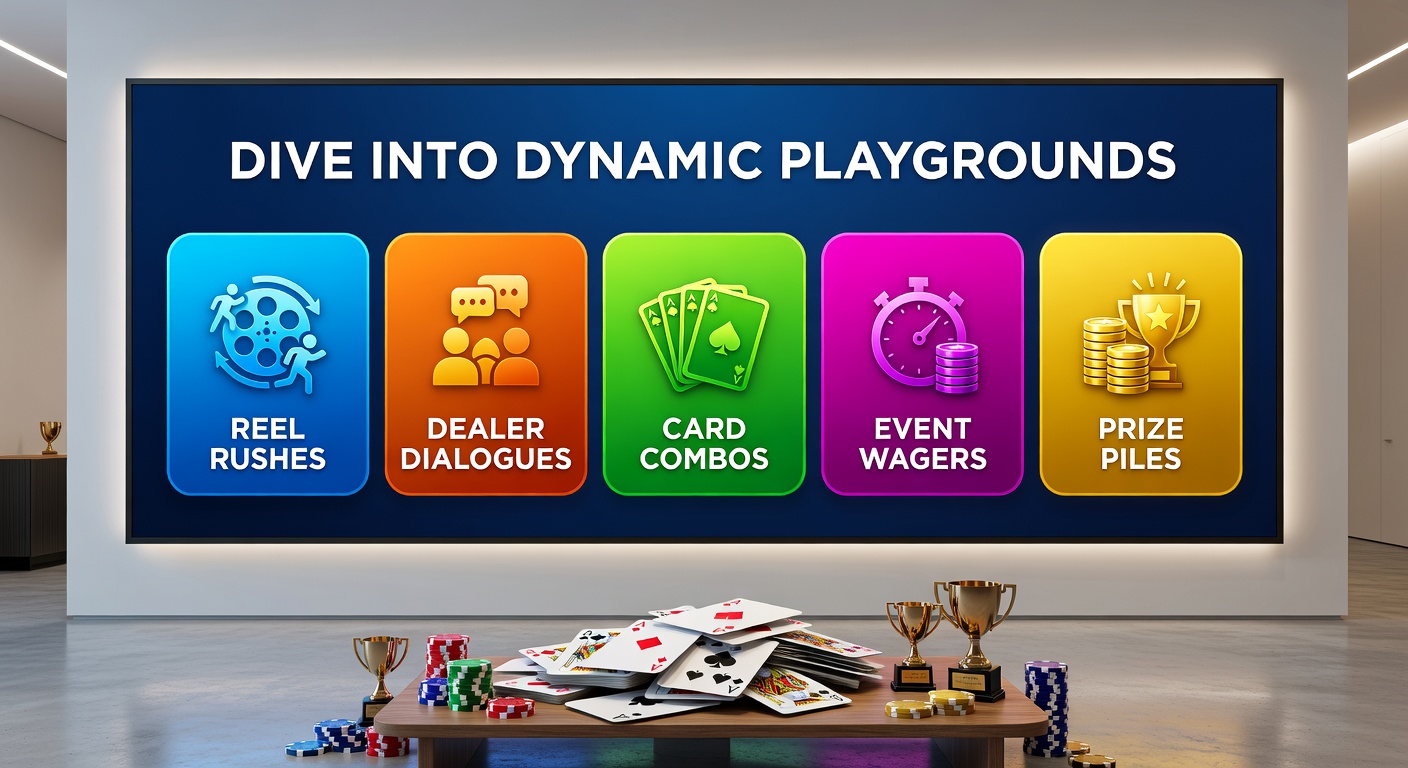 Close-up of intertwined gaming elements: rushing slot reels merging into live dealer chats, card combo strategies linking to sports event wagers, towering prize piles, quick fund interfaces on mobile, special offer pop-ups, and premier pass gateways from innovative creators