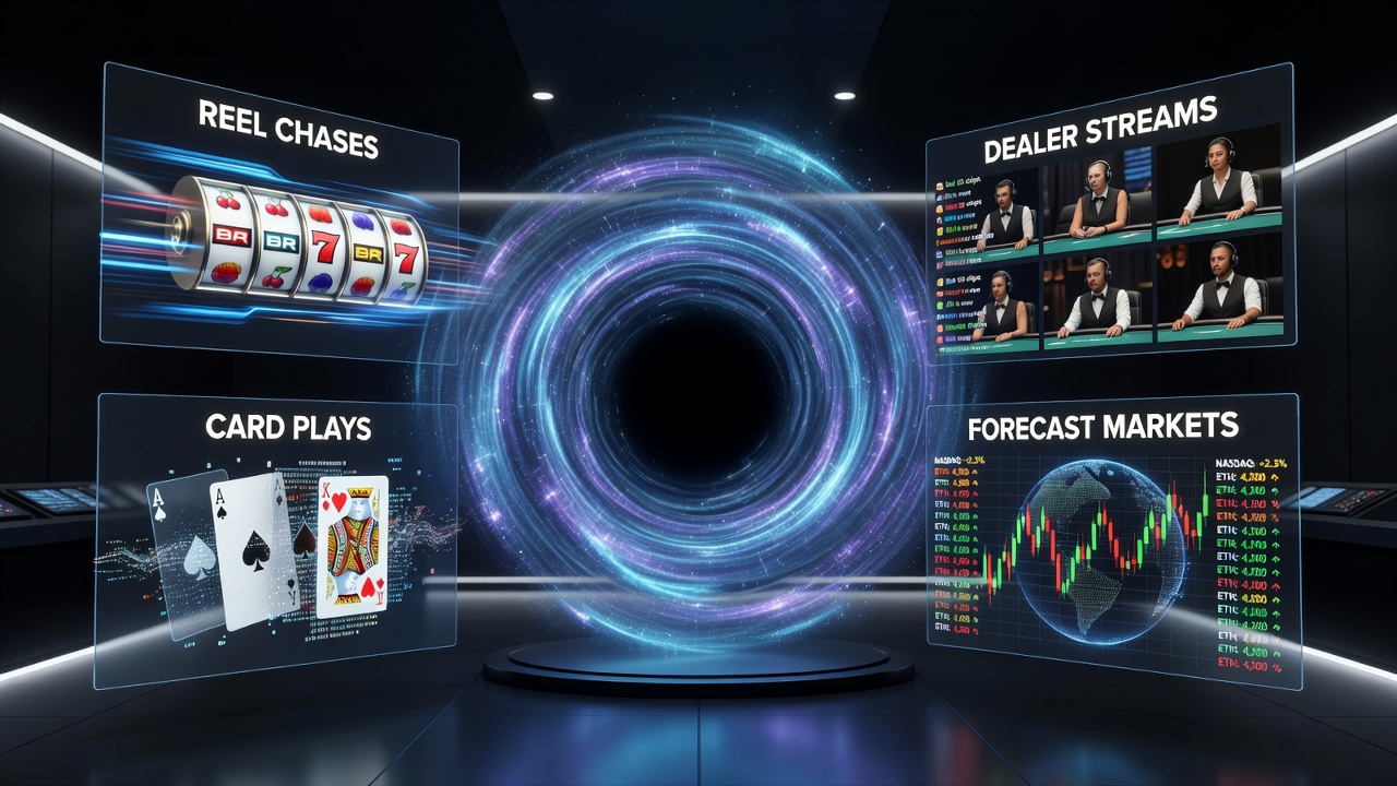 Diagram showing connections between card plays, forecast markets, instant transfers, and mobile status systems in online gaming