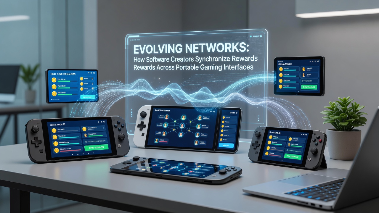 Network diagram showing interconnected mobile gaming platforms and reward synchronization pathways