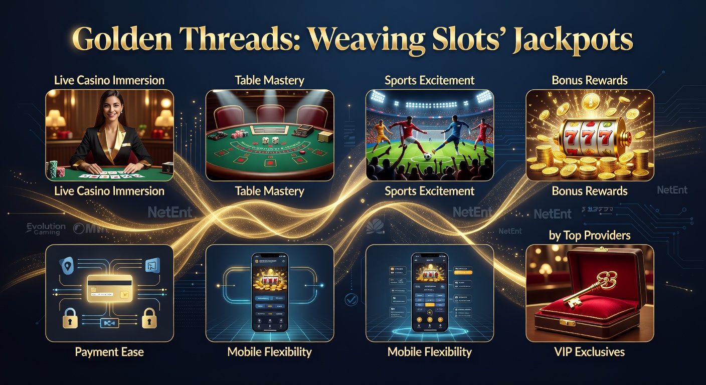 Vibrant display of interconnected casino elements including slot reels, live dealer tables, sports betting interfaces, and golden jackpot symbols glowing against a dynamic backdrop