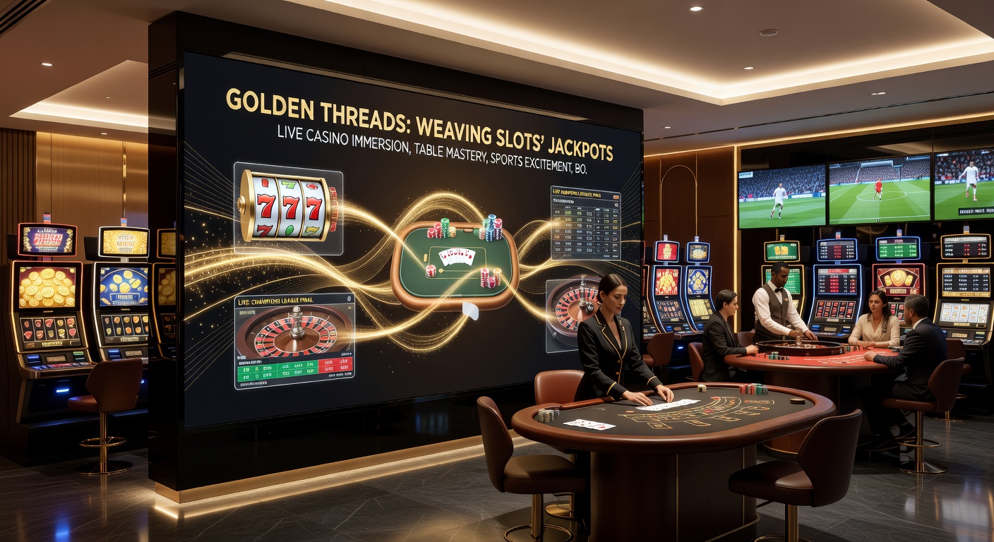 Close-up of a golden thread connecting jackpot slots, live dealer streams, poker tables, sports scoreboards, reward icons, payment gateways, mobile screens, and VIP lounge entrances in an intricate weave