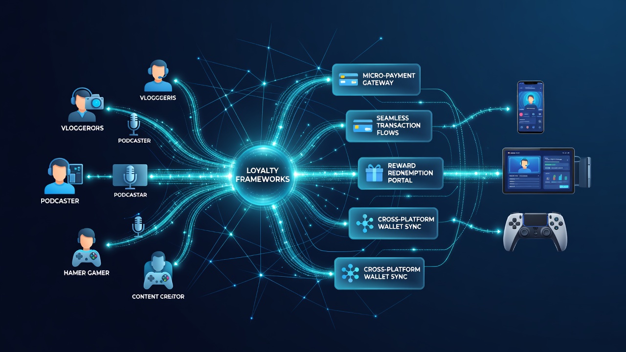Diagram showing interconnected elements of content creators, loyalty programs, and payment systems on mobile platforms
