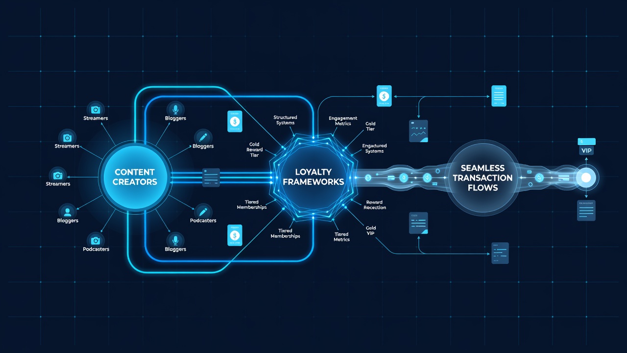 Illustration of mobile device interfaces displaying integrated loyalty dashboards and instant payment confirmations