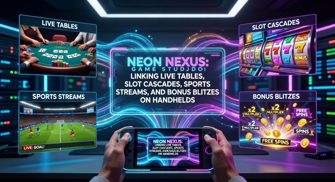 Vibrant mobile screen displaying interconnected casino games with live tables, slot reels, sports streams, and bonus notifications glowing in neon colors