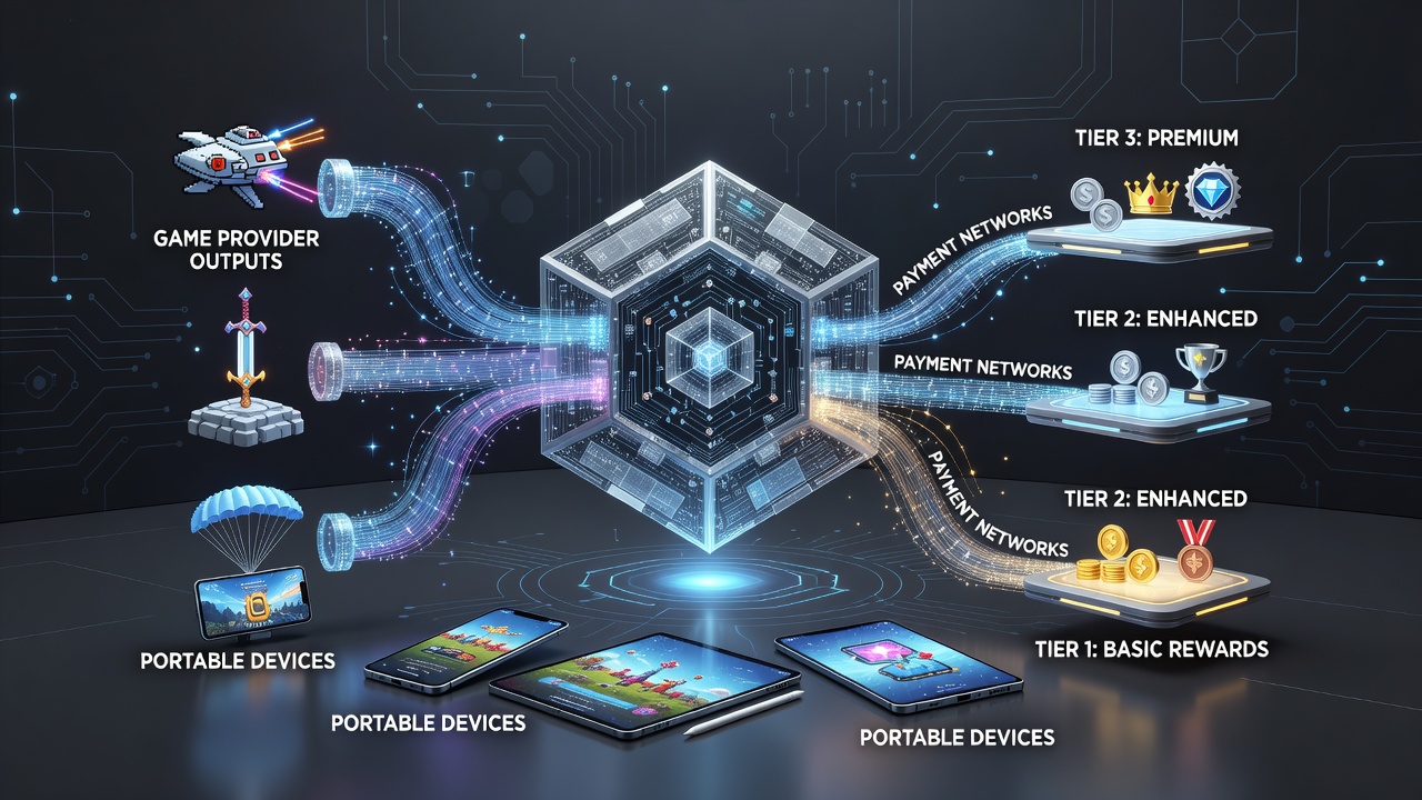 Diagram showing connections between game provider outputs, payment networks, and tiered mobile rewards