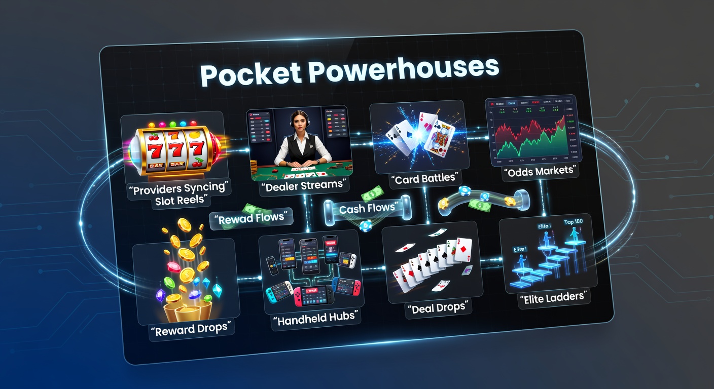 Mobile device displaying integrated casino games including slots, live dealers, and sports betting odds on a vibrant handheld hub interface