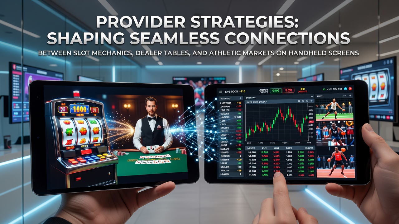 Mobile screen displaying interconnected slot reels, live dealer table, and sports betting interface