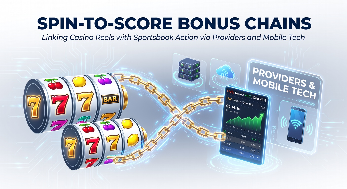 Dynamic digital graphic showing slot reels morphing into sports scoreboards with glowing bonus chains connecting casino spins to live sports action on a mobile screen