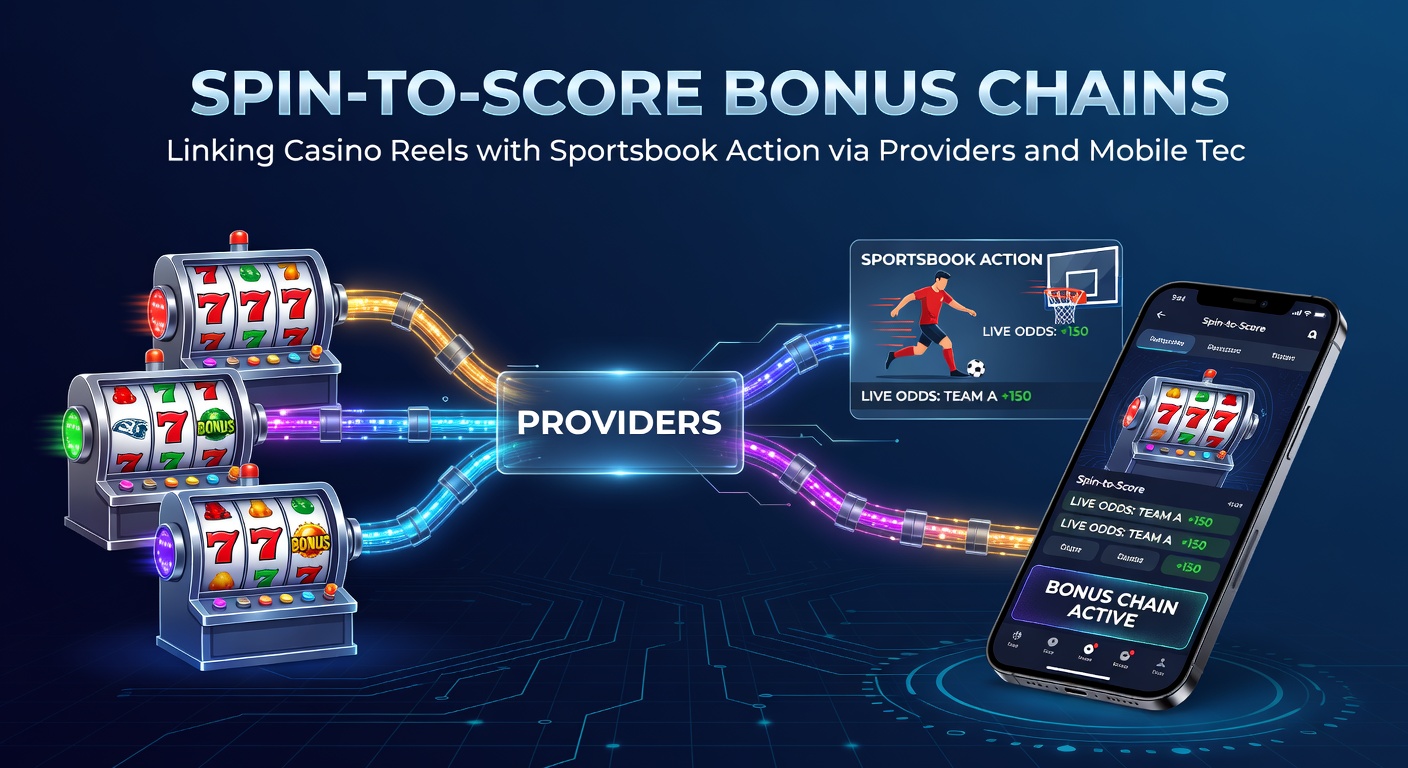 Close-up of a smartphone screen displaying intertwined slot reels and sports betting slips with animated bonus chains linking wins from casino games to live event wagers