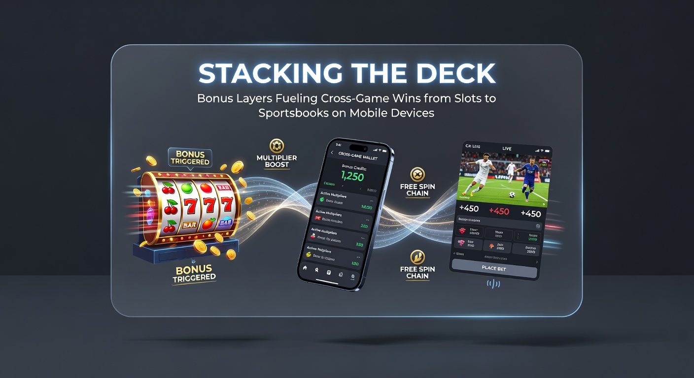 Dynamic screenshot of a mobile app dashboard with bonus stacks overlaying slots and sportsbook tabs, highlighting win multipliers