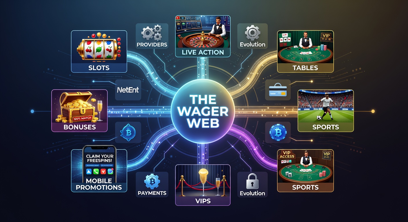 Digital web connecting casino games, sports betting icons, payment gateways, and mobile devices in a vibrant online gambling ecosystem