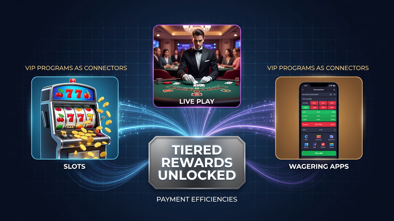 VIP tier progression chart showing payment integration points across slots, live dealer tables, and mobile wagering apps