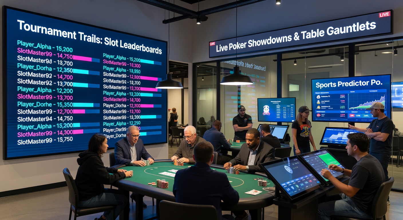 Intense live poker showdown with players at a digital table, chips stacking high amid glowing tournament brackets