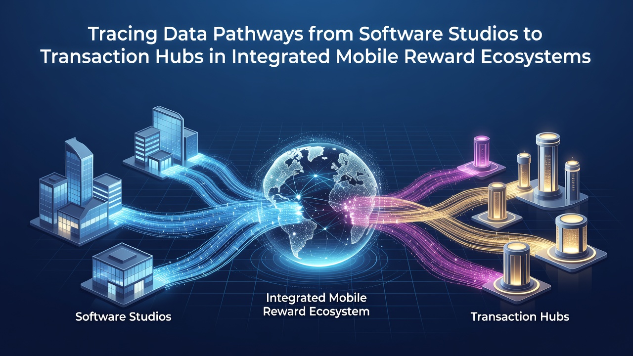 Diagram showing data flow from software development studios through APIs to centralized transaction hubs in mobile reward systems